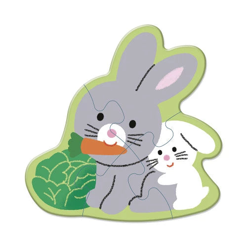 Two rabbit wooden puzzle with carrot and cabbage for children