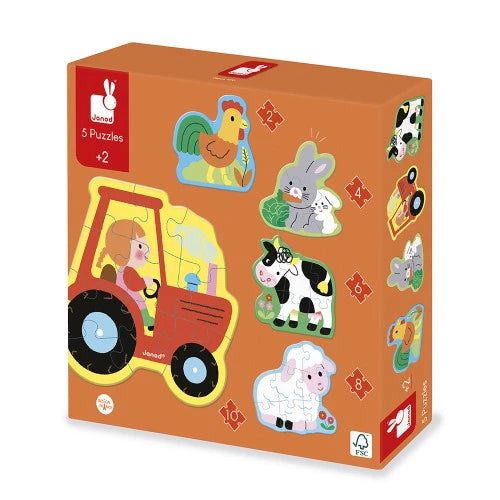 Janod 5-piece evolving farm puzzle box set FSC certified