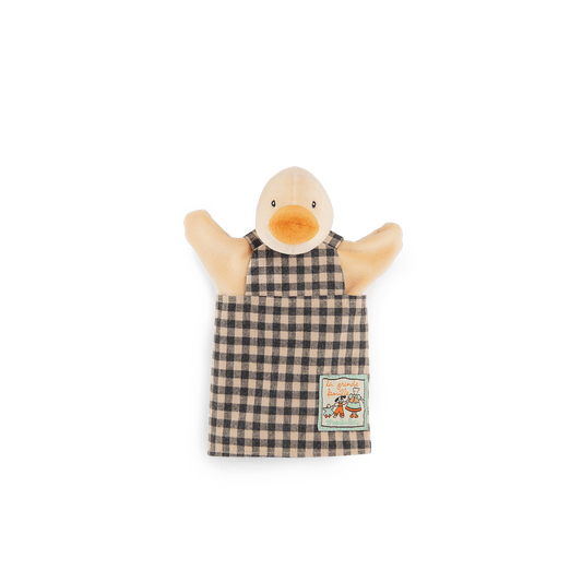 Beige plush duck hand puppet in dark grey gingham outfit with 'la grande famille' label