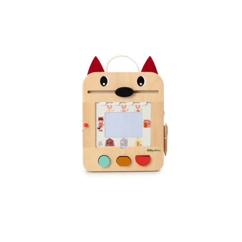 Lilliputiens wooden wolf drawing board featuring farm animal scene on blue surface