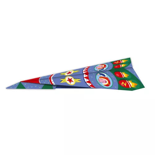 Blue cardstock paper airplane with red green yellow accents and rocket motifs