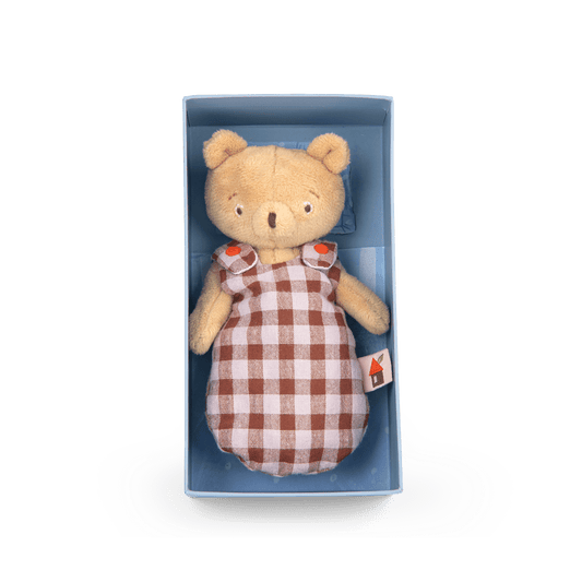 Bébé Emile plush bear in brown gingham swaddle inside blue Moulin Roty box
