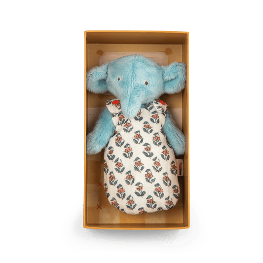 Bébé Pablo plush elephant inside open gift box with checkered lining