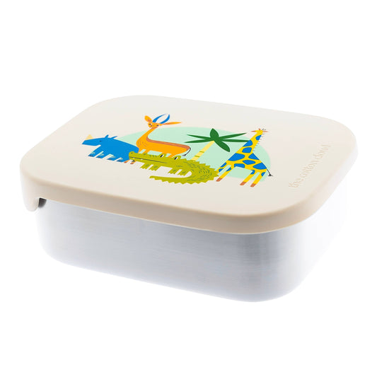 Stainless steel lunchbox white lid with jungle rhino crocodile giraffe design