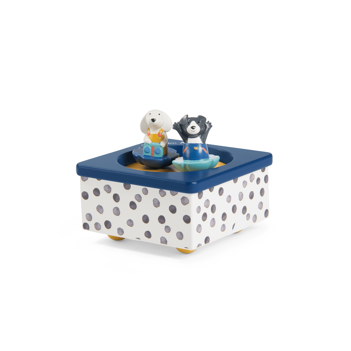 Angled view of Puce & Pilou music box with yellow feet