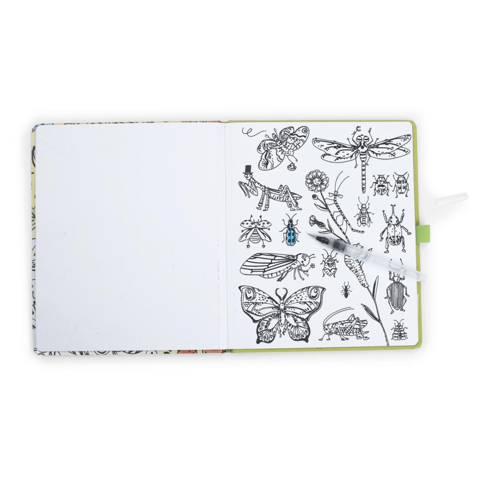 Magic watercolor coloring book open to insect pages with water brush pen