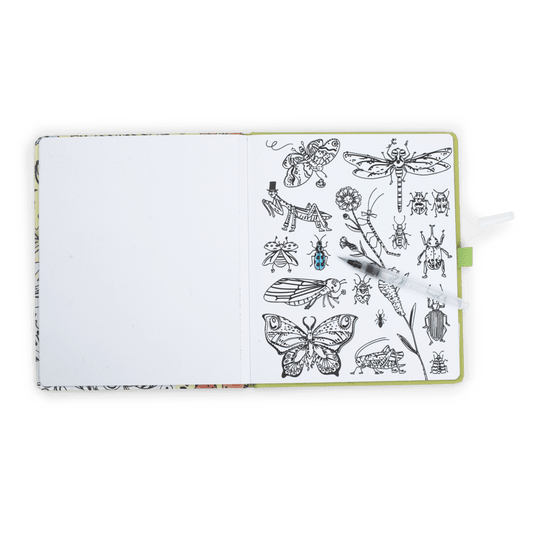 Magic watercolor coloring book open to insect pages with water brush pen