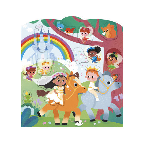 Open JANOD sticker book page showing repositionable horse riders and fairies