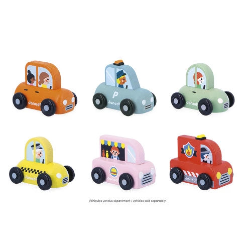 Janod wooden toy vehicles set with fire truck, taxi, and cars for toddlers