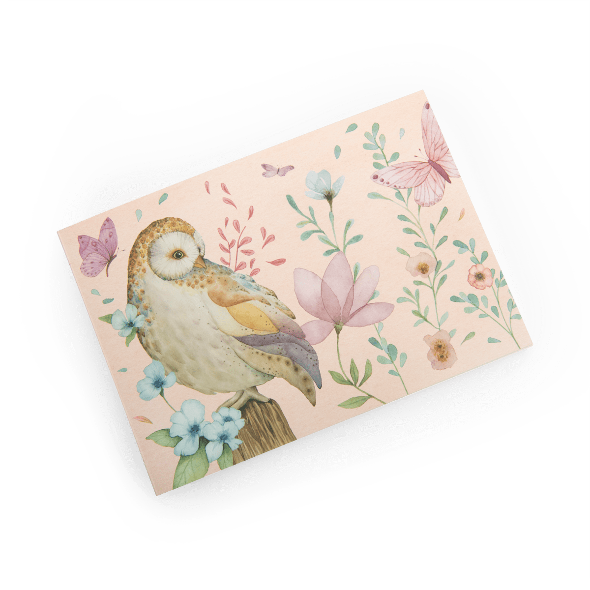 Les Rosalies art pad cover featuring barn owl, blue flowers, and butterflies