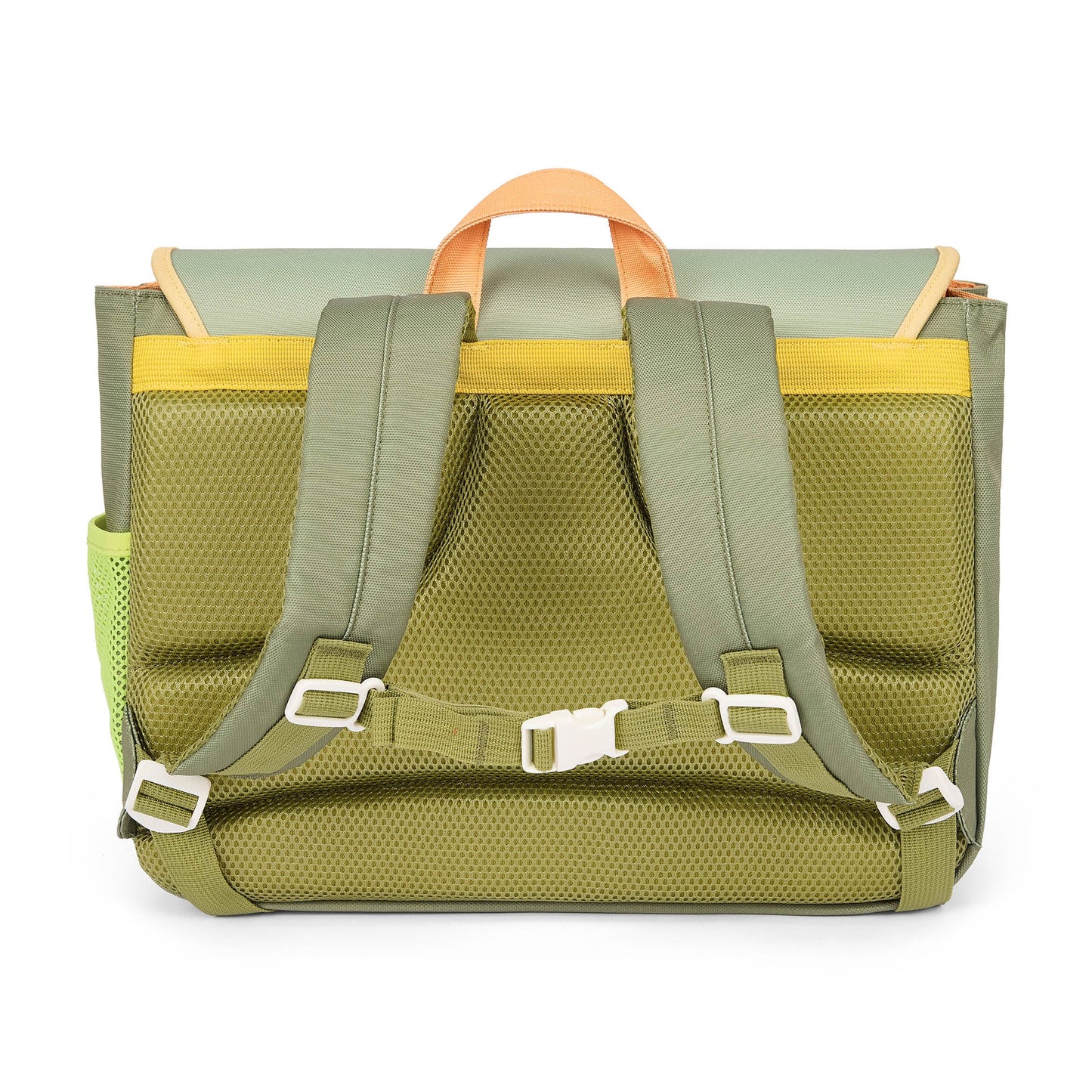 Olive green children's backpack padded straps and adjustable waist belt