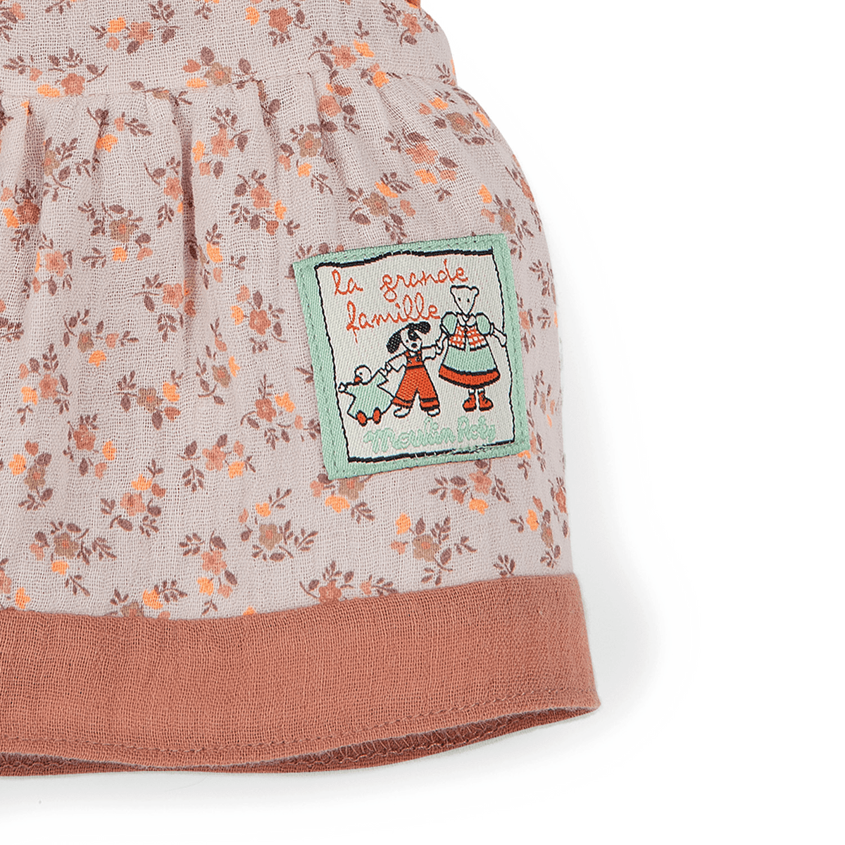 Moulin Roty Charlotte la vache puppet floral dress label detail