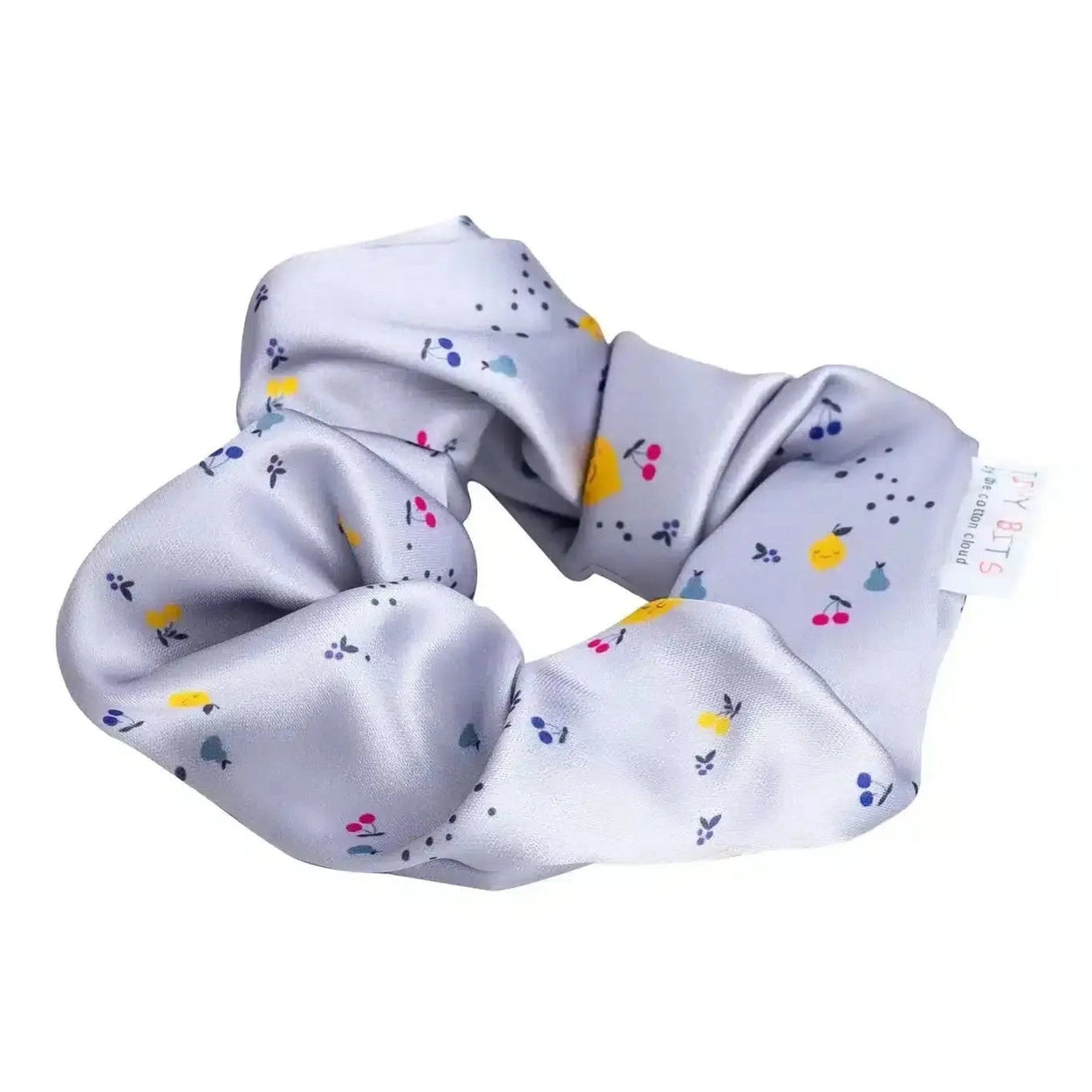 Gray fruit pattern satin scrunchie with cherries and lemons