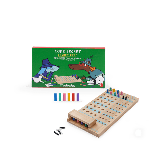 Code Secret wooden board game box and components with colorful pegs