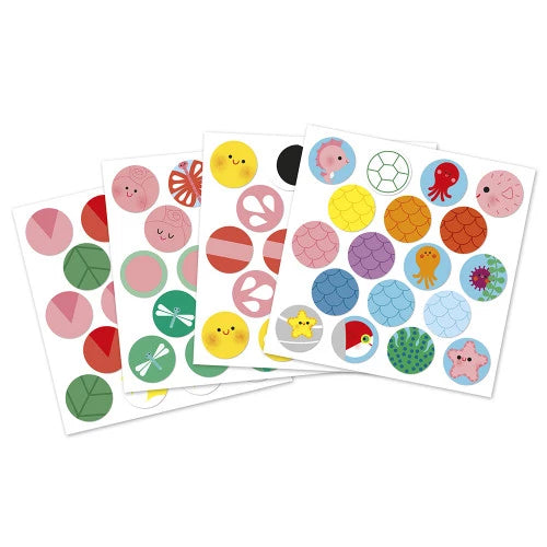 Sheet of colorful circular stickers with animal and nature designs