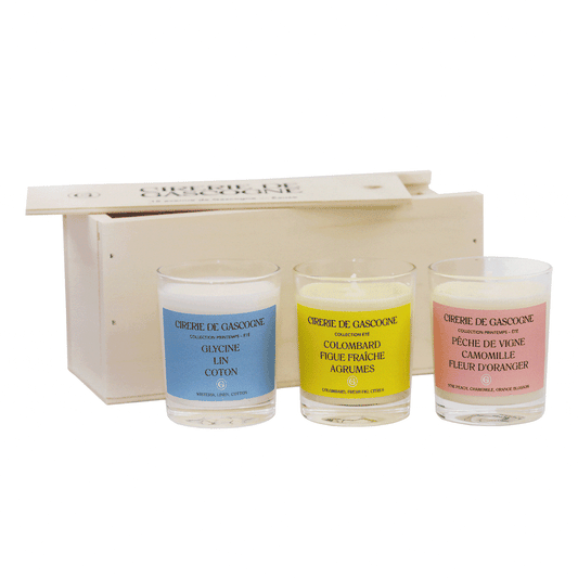 Coffret en bois avec 3 bougies parfumées de 80 grammes - collection printemps-été
