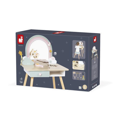 Janod unicorn vanity box packaging showing age 3+ and 10 included accessories