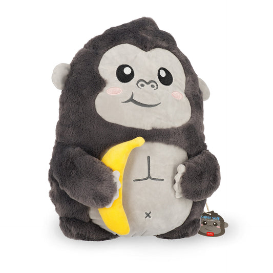 Grey gorilla plush pillow holding banana with Super Soft hangtag