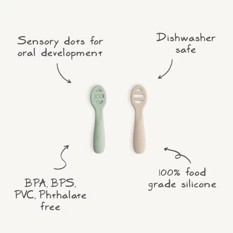 MUSHIES sensory baby spoon infographic showing dishwasher safe, BPA free food grade silicone with oral development dots