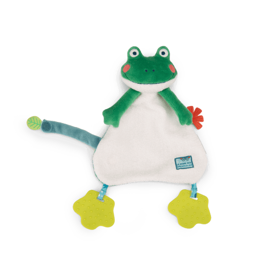 Back view of green frog baby comforter showing leaf tail and flower detail
