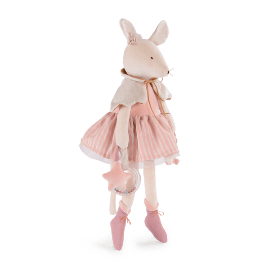 Pink plush ballerina mouse toy with rattle and beads
