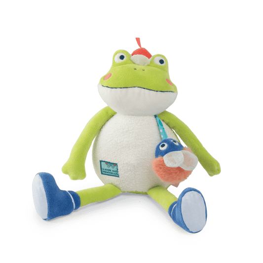 Green plush frog toy with LA MARE AUX GRENOUILLES belly tag