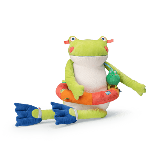 Moulin Roty green frog plush rattle in swim ring holding companion charm