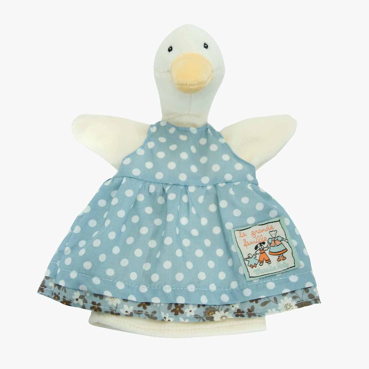 Jeanne la cane plush duck puppet with blue polka dot dress and 'la grande famille' label
