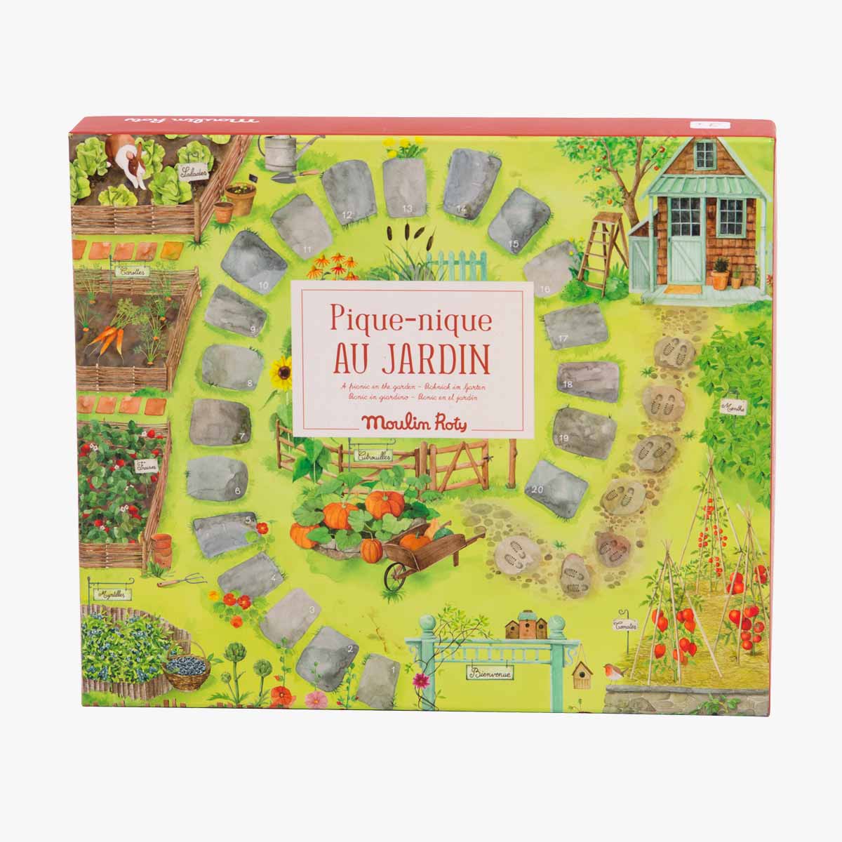 Front view of Moulin Roty Pique-nique au jardin board game box with vegetable garden art