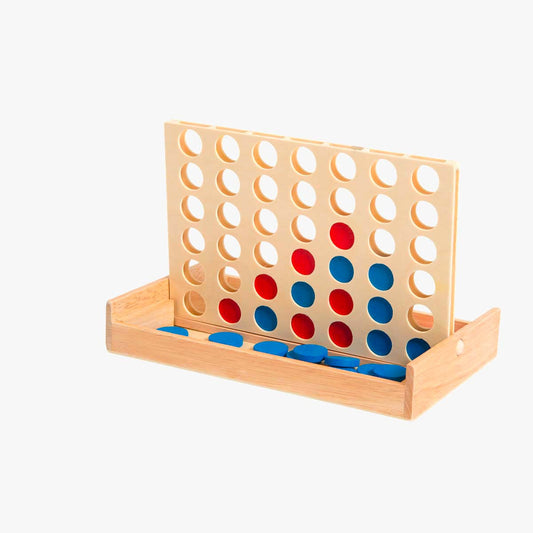 Moulin Roty wooden Connect 4 game board with red and blue discs