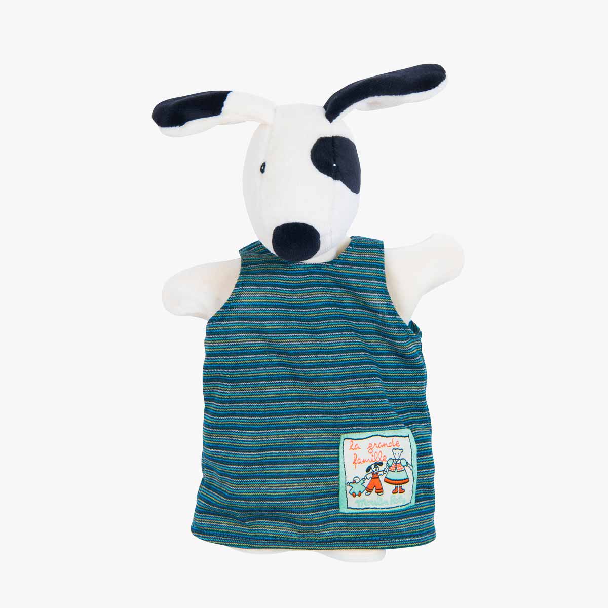Moulin Roty Julius dog hand puppet with teal striped vest and woven label