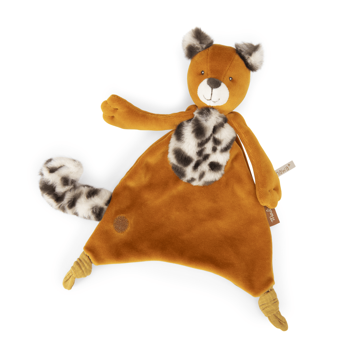 Moulin Roty lemur baby comforter in brown corduroy with spotted chest patch
