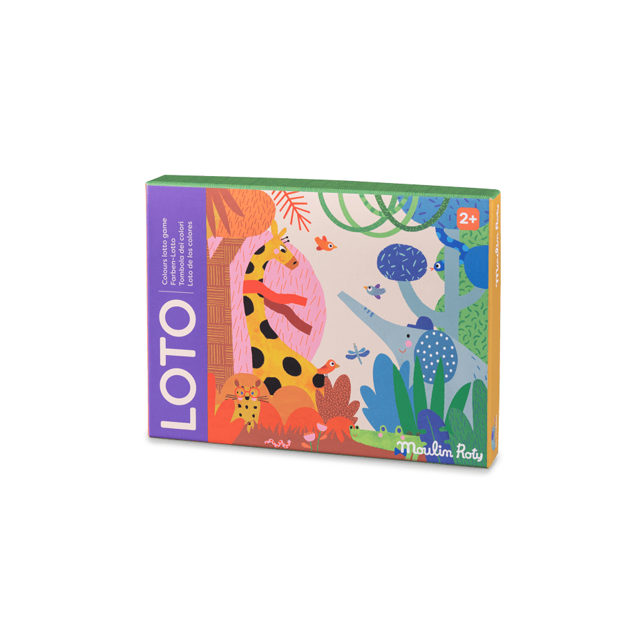 Side view of Moulin Roty Loto des couleurs game packaging showing age 2+