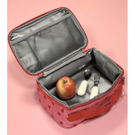 Lunch bag isotherme coeurs rouges sur fond rose "MON LUNCH"