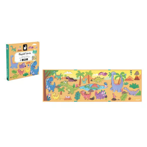 Flat lay of JANOD dinosaur magnetic story board with product packaging