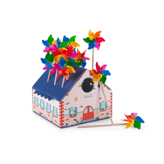 Moulin Roty colorful pinwheel display box with assorted plastic windmills