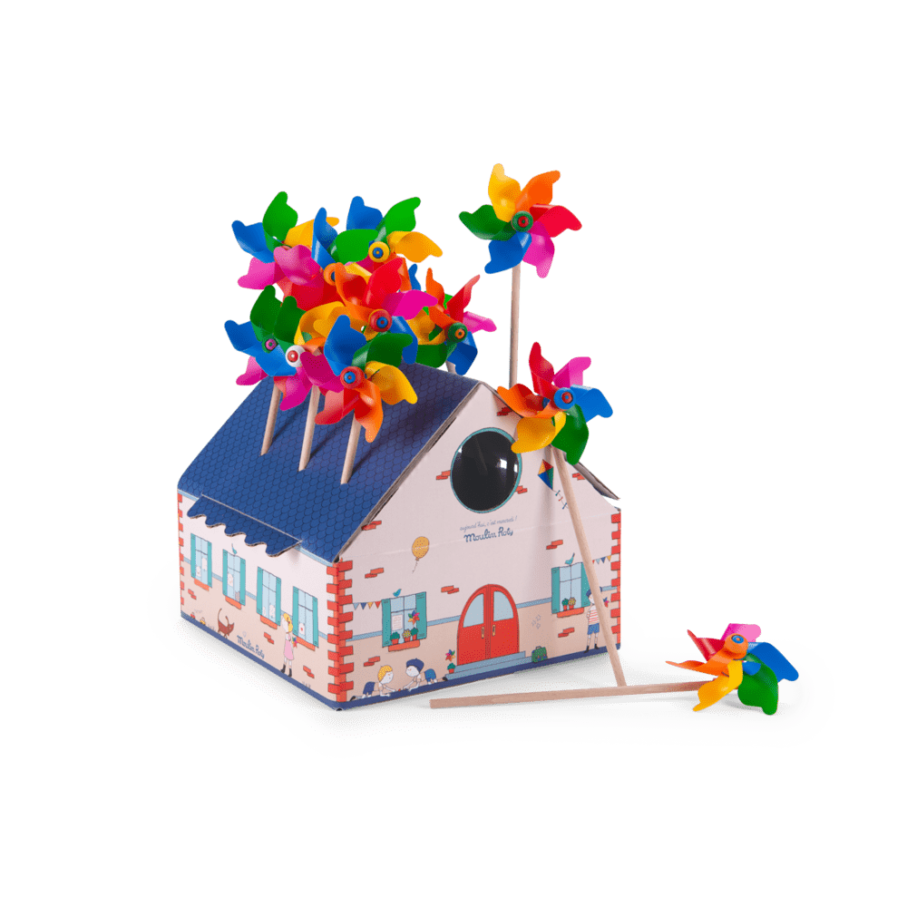 Moulin Roty colorful pinwheel display box with assorted plastic windmills