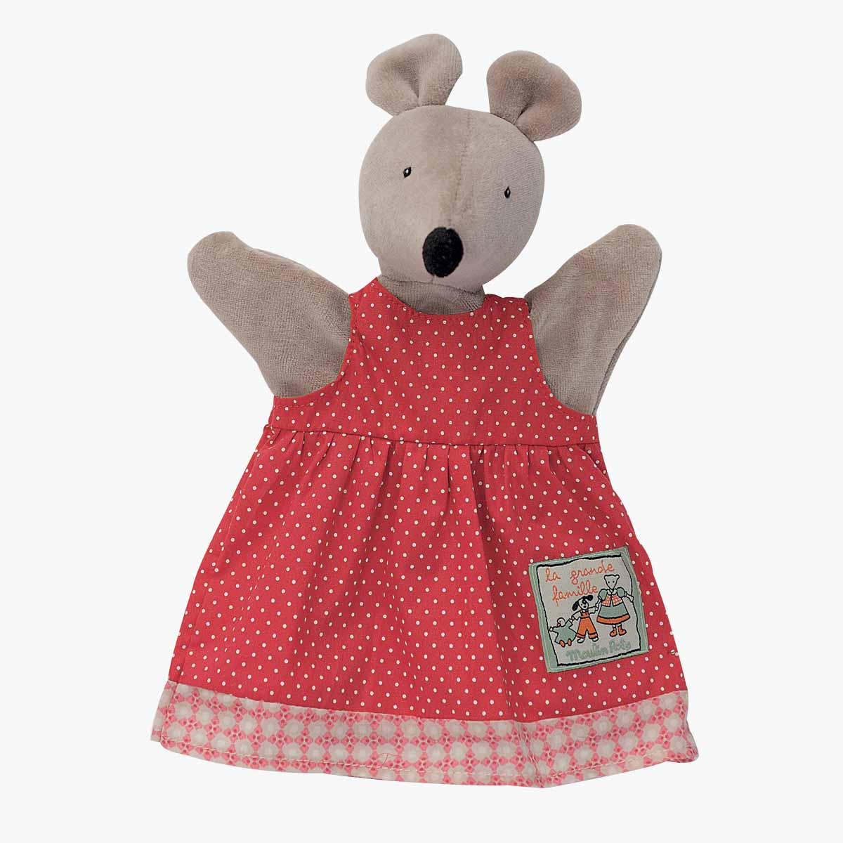 Grey fabric mouse hand puppet in red polka dot dress
