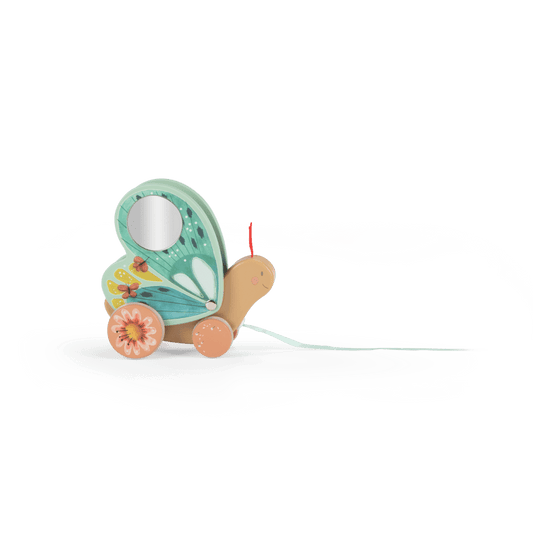 Wooden butterfly pull-along toy with teal floral wings, mirror, and light blue string