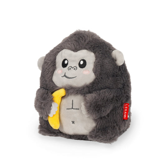 Grey Legami plush gorilla holding yellow banana with red brand tag