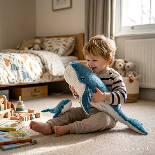 Peluche baleine Gravillou maman et son bébé bleu