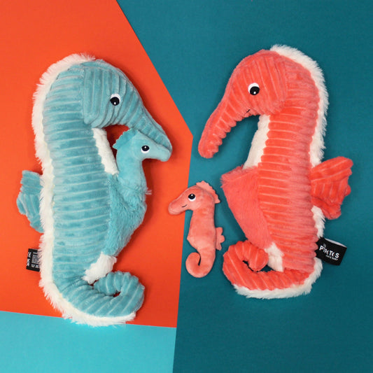 Peluche hippocampe Papadou avec son bébé bleu aqua
