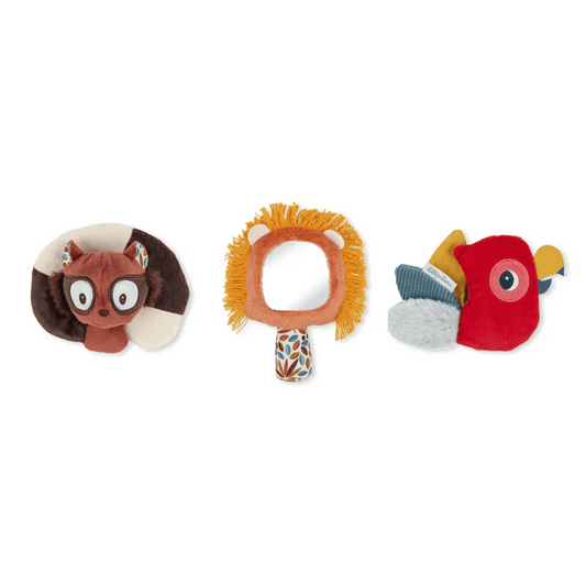 Lilliputiens Jack the Lion sensory toy set with plush rattle mirror and parrot for babies