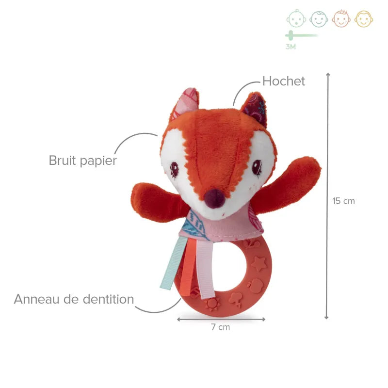 Alice the fox baby rattle plush with patterned ears and coral teether