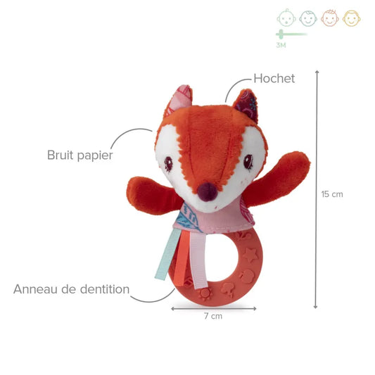 Alice the fox baby rattle plush with patterned ears and coral teether