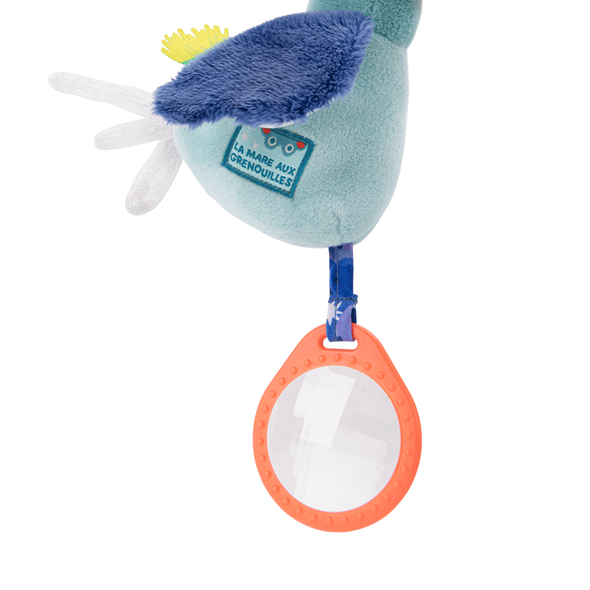 Close-up of La Mare aux Grenouilles label on bird plush belly