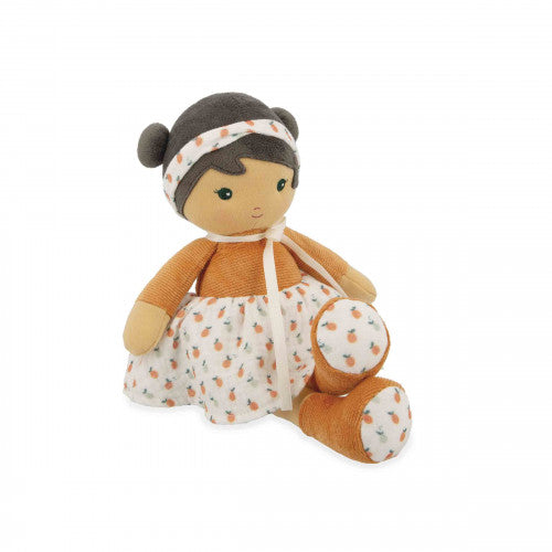 Kaloo Eloise 32cm doll seated with one leg bent highlighting fit