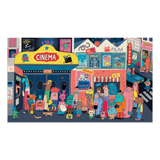 Assembled 200-piece Les Schmouks puzzle showing whimsical monsters at a cinema