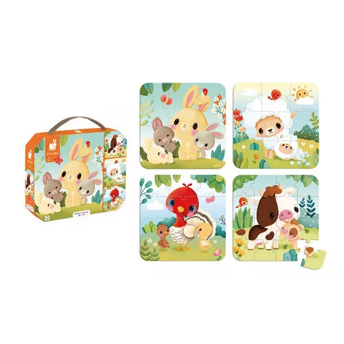 JANOD 4-piece farm animal puzzle set in metal tin case with rabbit sheep rooster cow scenes