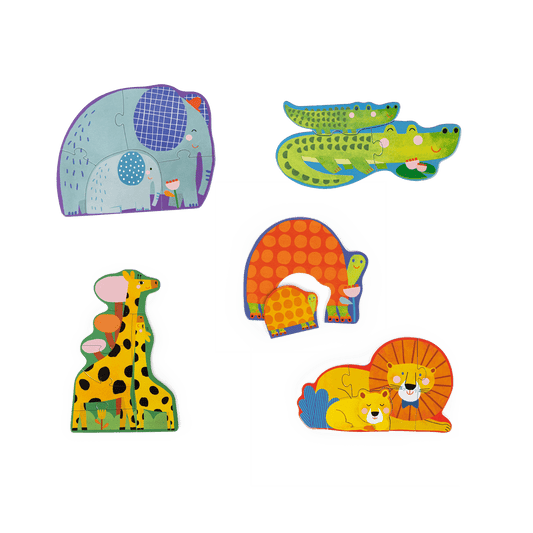 Assembled set of five colorful wooden animal puzzles
